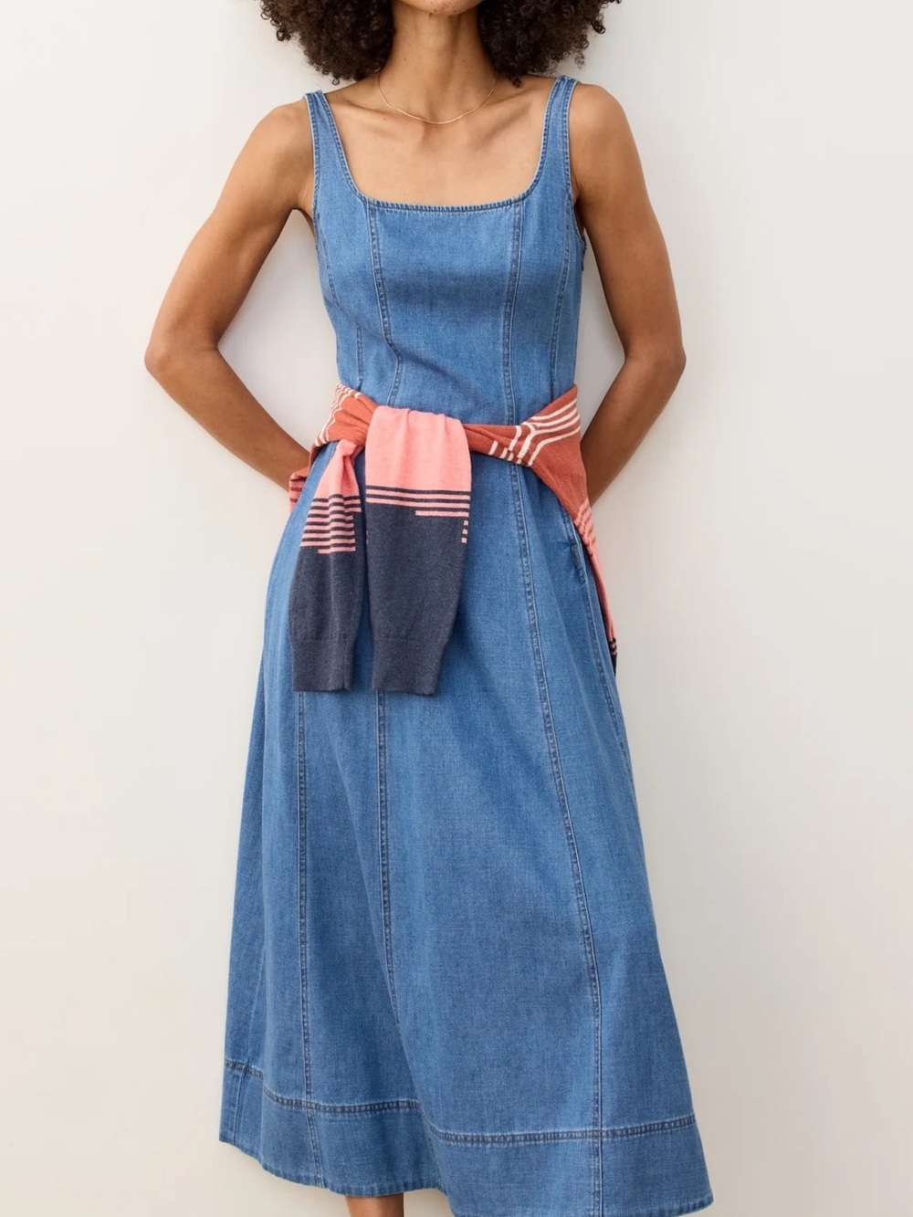 Marine Layer Blue Denim Square-Neck Midi Dress